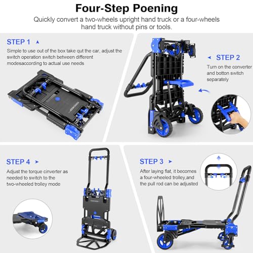 Folding Hand Truck Dolly,330lb Cart+1 Folding Basket,4to2 Wheel Moving Blue | Dolly Cart with Retractable, Aluminum Alloy & Cast Iron Build, Nylon Wheels,Compact Fold,for Moving,Office,Delivery,Outdoor - size: 330LB Blue-B