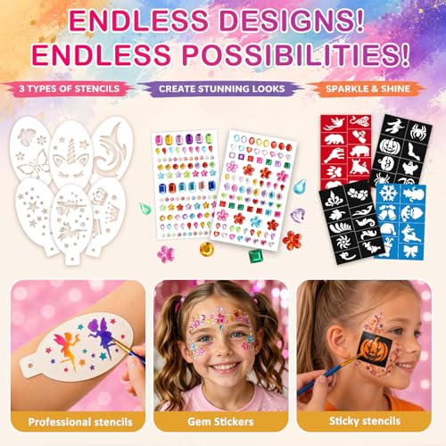 42 Colors Face Painting Kit for Kids -Water Activated Face paint palette | Face Painting Kit with 18 Matte, 16 Glitter and 8 UV-reactive Colors, Brushes, Stencils and Gems for Halloween and Cosplay