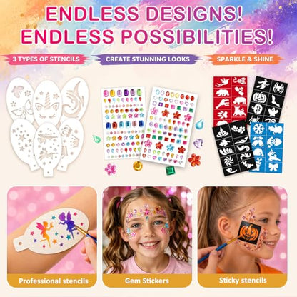 42 Colors Face Painting Kit for Kids -Water Activated Face paint palette | Face Painting Kit with 18 Matte, 16 Glitter and 8 UV-reactive Colors, Brushes, Stencils and Gems for Halloween and Cosplay