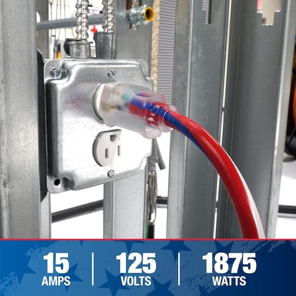 Southwire Heavy Duty Extension Cord, 50Ft, 12 Gauge, 3 Conductor, Outdoor Cord, Lighted End, SJTW, Red/White/Blue, 2548SWUSA1 - size: 50 ft