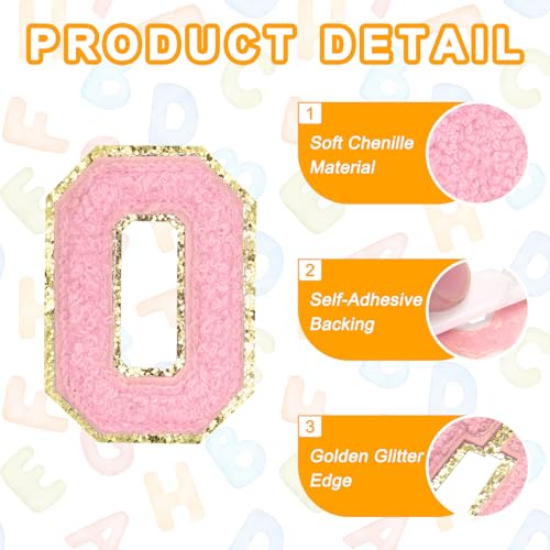 MECCANIXITY Chenille Letter Patches 2.2" Self Adhesive Alphabet O Stick on Embroidered Patch Sew on Letter Stickers Applique for Repairing Clothing Jeans Shoes Hats DIY(Pink, Pack of 6) - style: Letter-O