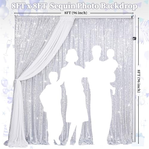 Silver Sequin Backdrop Curtain Drapes 8ftx8ft Glitter Fabric Photo Backdrop | Twilight Sparkle Photo Backdrop Curtain for Wedding/Baby Shower/Pincess Happy Birthday /Graduations/New Years/Theme Party - color: silver, size: 8ftx8ft