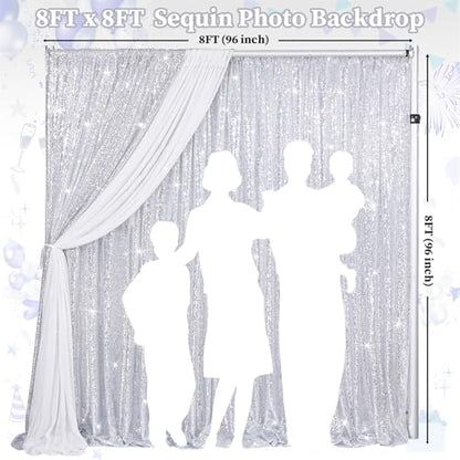 Silver Sequin Backdrop Curtain Drapes 8ftx8ft Glitter Fabric Photo Backdrop | Twilight Sparkle Photo Backdrop Curtain for Wedding/Baby Shower/Pincess Happy Birthday /Graduations/New Years/Theme Party - color: silver, size: 8ftx8ft