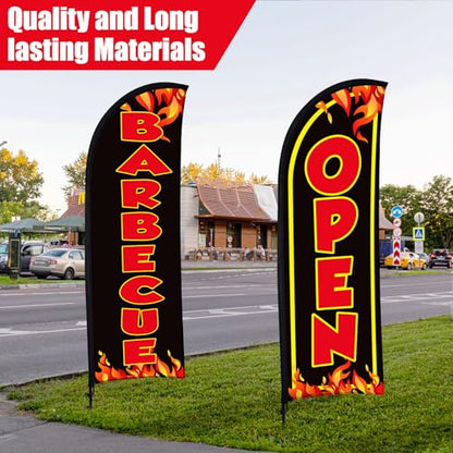 Buryeah 2 Sets Barbecue BBQ Open Feather Flag Kit 8 ft, Black | Barbecue Flag Banner with Pole Ground Stake and Portable Bag for Restaurant BBQ Sign Business Advertising Outside Ground - color: Black