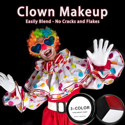 3 Set Black White Red Face Body Paint, 3-Color Joker Face Body Paint | Clown Makeup Kit with Sponge and Brush, Halloween Cosplay Costume Makeup Set for Special Effect Party Supplies - color: Red,black & white