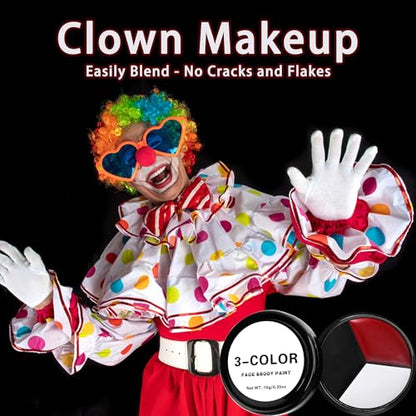 3 Set Black White Red Face Body Paint, 3-Color Joker Face Body Paint | Clown Makeup Kit with Sponge and Brush, Halloween Cosplay Costume Makeup Set for Special Effect Party Supplies - color: Red,black & white