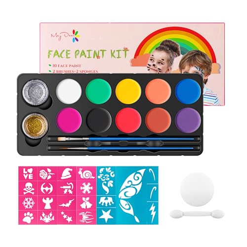 Maydear Face Painting Kit for Kids with 12 Colors Safe and Non-Toxic Large Water Based Face Body Paint, Professional Face Paint Kit - 10 Matte+2 Glitter - color: Matte 10+2 Glitter