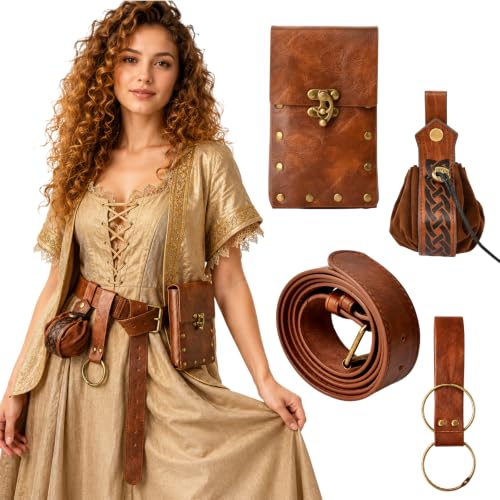 Renaissance Belt Pouch Set, Medieval Viking Pirate Leather Bag, Steampunk Waist Bag Skirt Hike Set, Halloween Cosplay Costume Accessories for Men Women (Brown) - color: Brown