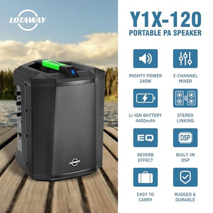 LOTAWAY Y1X-120 Battery Powered Portable PA Speaker System, Black | 240W Rechargeable Bluetooth Speaker with 3-Channel Mixer for Busking, Karaoke, Guitar, Outdoor Events - TWS Pairing