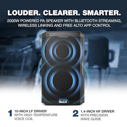 Alto Professional TS410 - 2000W 10" Powered PA Speaker with 3 Channel Mixer, Bluetooth Streaming, Wireless Loudspeaker linking, DSP and Alto App(black) Bundle