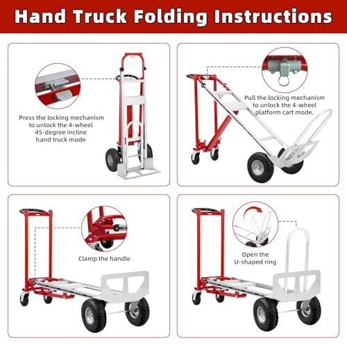 Aluminum 4 in 1 Convertible Hand Truck Dolly, 1000Lbs Capacity, Heavy Duty Folding Hand Truck Dolly Cart with Wheels 10" All-Terrain Tires, Hand Trucks for Logistics, Home, Office, School, Red - color: Red