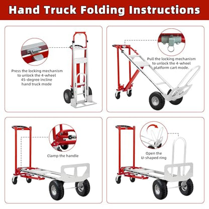 Aluminum 4 in 1 Convertible Hand Truck Dolly, 1000Lbs Capacity, Heavy Duty Folding Hand Truck Dolly Cart with Wheels 10" All-Terrain Tires, Hand Trucks for Logistics, Home, Office, School, Red - color: Red