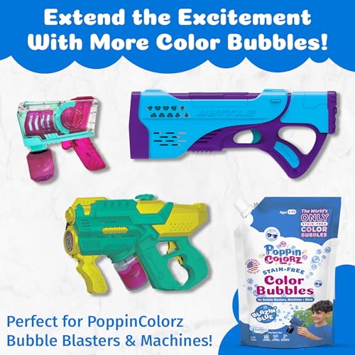 PoppinColorz Blazin' Blue Stain-Free Color Bubbles Refill, 14 oz Non Toxic Bubbles & Bubble Solution for Bubble Machines, Blasters & Guns, Kids Parties, Baby Showers & Boy Gender Reveals, Ages 3+ - color: Blue