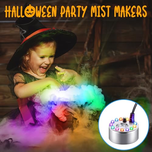 4 Pcs Halloween Mist Maker Fogger with Adjustable Fog Controller Small Ultrasonic Fog Machine Fountain Cauldron Water Garden Pond Foggers with 12 LED Light Flashes for Halloween Party