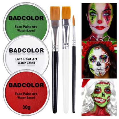 Green White Red Face Body Paint Set, Mexico Flag Face Painting Kit with Painting Brushes for Halloween, Water Based Face Paints for Xmas Elf, Grinch, Orcs, Day of the Dead Skull & Monster SFX Make-Up - color: Green+White+Red+3Pcs Brushes