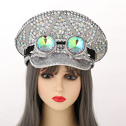 GRACEART Women's Burning Man Sequin Hat Mucis Festival Military Captain Hats Steampunk Caps with Goggles - style: Style-16(with Goggle)