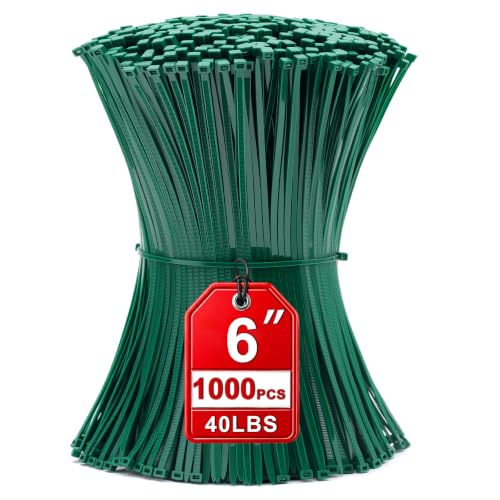 Zip Ties 6 inch, 1000 Pack Green Zip Ties, Green Cable Ties Self-Locking Nylon Cable Ties with 40 lbs Tensile Strength,Wire Ties for indoor and outdoor use. - color: Green, size: 6"(1000 Pack) 40 Lb