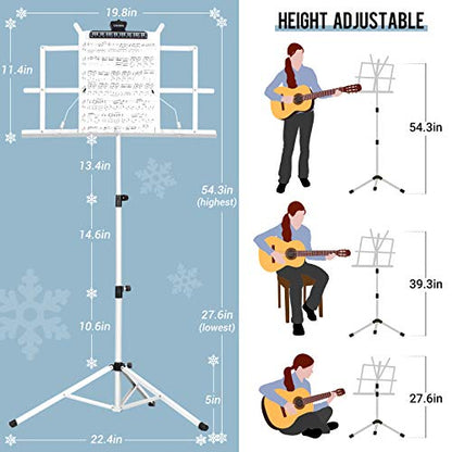 CAHAYA Sheet Music Stand Portable Folding Dual Use Desk Book Holder White | Lightweight Stable Reinforced with Carrying Bag Clip for Student Musicians Travel Practice Height Adjust up to 54.3" - color: White, style: Standard Version