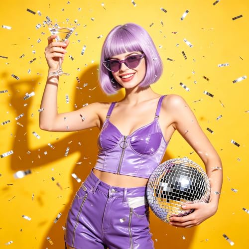 Short Bob Straight Hair Wigs with Bangs, Synthetic Fiber Colorful Hair, Cat Eye Glasses for Women (Pink-Purple) - color: Pink-Purple
