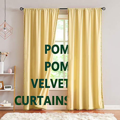 Pom Pom Velvet Curtains for Kid's Bedroom Yellow 42x84" Living Room Drapes - color: Pom Pom- Yellow, size: 42"W x 84"L (Pack of 2)