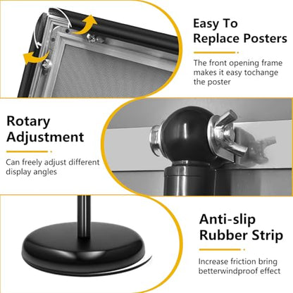 2 Pack Sign Holder Stand 8.5x11 Inch, Adjustable Sign Stand, Floor Standing Sign Holder, Snap-Open Frame Display, 360° Rotation Outdoor Indoor Poster or chalk board Display for advertising,Malls,Black