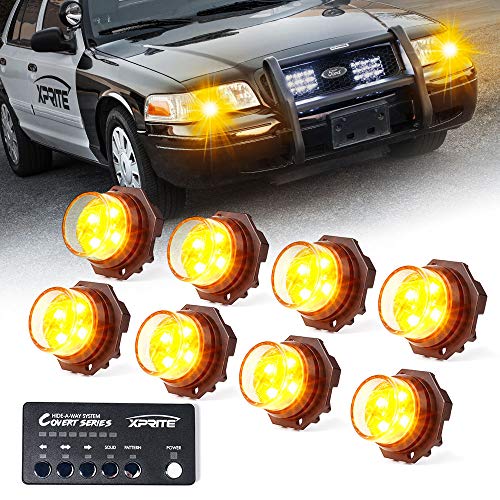Xprite Amber LED Hideaway Strobe Lights Kit, 20 Flash Modes w/Control Panel Headlights Taillights Fog Light Interior Mounting for Construction Towing Snow Plow Pickup Work Trucks Cars 8 PCS - color: Amber, size: 8 pcs