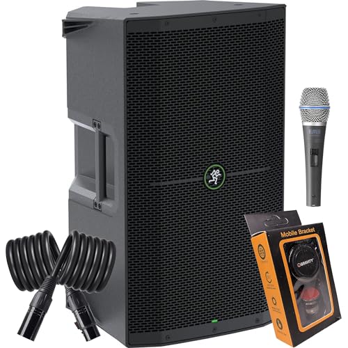 (1) Mackie Thump215 1,400-watt 15-inch Powered Speaker with Feedback Eliminator, Music Ducking, and Dual TRS/XLR Inputs Bundle with EMB XLR, Microphone and Gravity Magnet Package