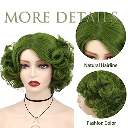 Short Green Curly Wigs For Women Anime Cosplay Halloween Costume Medusa Wig | Olive Green Wig with Side Bangs Fluffy Wavy Layered Party Synthetic Wigs Joker Maven Wig Short Hairstyles Coser Fun Soft - color: Olive Green