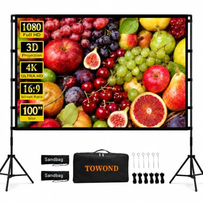 TOWOND 100 Inch Outdoor Projector Screen with Stand, Reinforced Edge | Compact reinforced-edge screen fits smaller rooms and patios; 19mm tripod and carry bag travel easily.