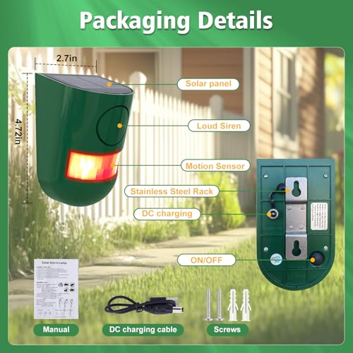 ChunHee Solar Outdoor Motion Sensor Alarm 120dB Sound 4 Mode IP65Waterproof | Loud Sound Strobe Light Security Siren Alarm Easy Set up Alarm for Home,Garden,Yard,Barn,Chicken Coop 2PC - color: GREEN-2pac