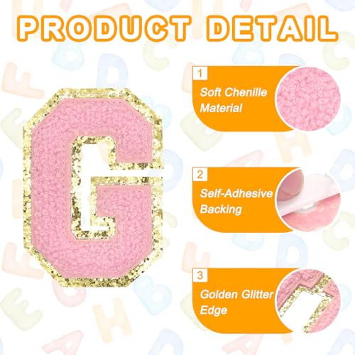 MECCANIXITY Chenille Letter Patches 2.2" Self Adhesive Alphabet G Stick on Embroidered Patch Sew on Letter Stickers Applique for Repairing Clothing Jeans Shoes Hats DIY(Pink, Pack of 6) - style: Letter-G