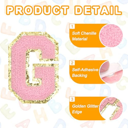 MECCANIXITY Chenille Letter Patches 2.2" Self Adhesive Alphabet G Stick on Embroidered Patch Sew on Letter Stickers Applique for Repairing Clothing Jeans Shoes Hats DIY(Pink, Pack of 6) - style: Letter-G