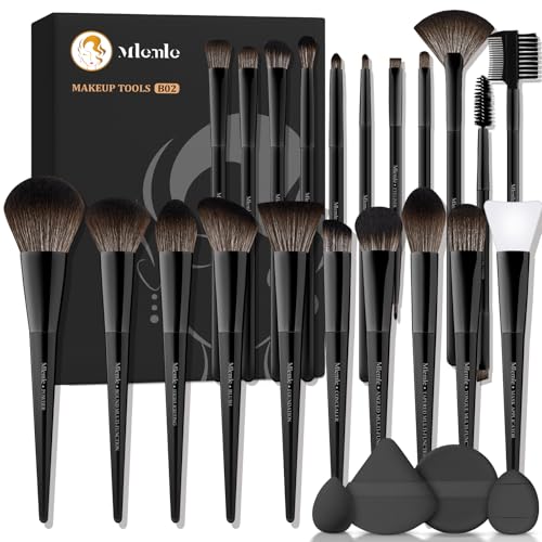 Makeup Brushes Set, Mlemle Professional 25 Pcs Makeup Kit, Include Powder Foundation Concealers Blush Eye shadows 21 Pcs Makeup Brushes and 2 Powder Puff, 2 Makeup Sponge(B02-EmberBlack) - color: EmberBlack