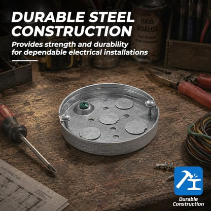 OHLECTRIC 4” Round Steel Pancake Electrical Box (4 Pack)| 1/2" Deep Box with Four 1/2” Knockouts, Fire Rated | Ideal for Lighting Fixtures, Switches and Receptacles - size: 1/2" KO Pancake Box with Raised Ground