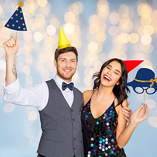 Zonon 24 Pcs Photo Booth Props Set Black Gold Birthday,Gold and Navy Blue | Props on Sticks for Wedding, Reunion, Prom, Includes Mustache, Hats, Glasses, Ties, Lips, Crowns, Fun Party Accessories - color: Gold and Navy Blue