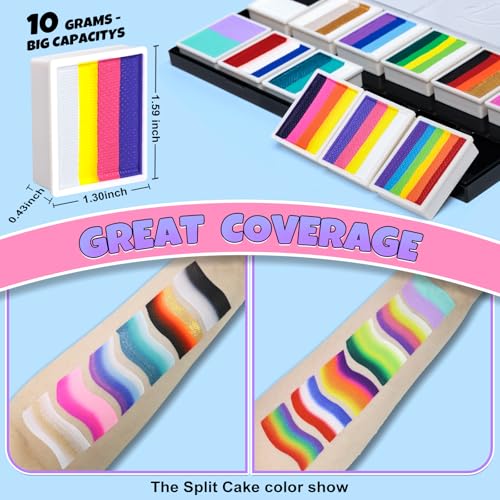 Drawdart Professional Face Painting Kit for Kids Adults, Rainbow Split Cake Face Paint Palette 12 x 10gm+ 4 Colors Pro Pressed Glitter Eyeshadow Palette, with Brushes Sponges Gems Stencils - color: Faerie