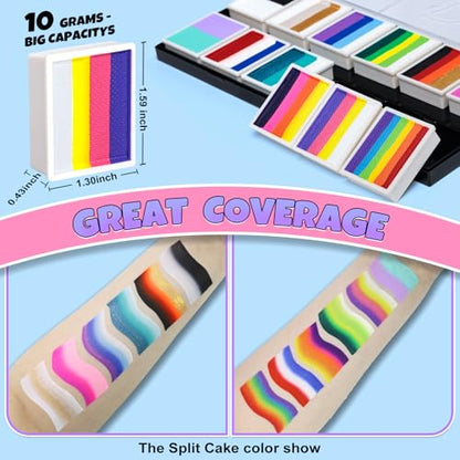 Drawdart Professional Face Painting Kit for Kids Adults, Rainbow Split Cake Face Paint Palette 12 x 10gm+ 4 Colors Pro Pressed Glitter Eyeshadow Palette, with Brushes Sponges Gems Stencils - color: Faerie