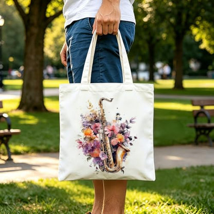 Aesthetic Music Floral Tote Bag for Women, Reusable Canvas Bag with Musical & Botanical Design, Daily Use Gift - color: White-music-007