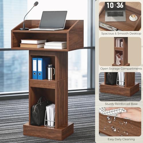MAHANCRIS Podium Stand, Lectern with 4-Tier Storage, Pulpit with Reinforced Base for Church, Laptop Desk for Classroom, Office, Meeting Room, Easy Assembly, Walnut LPWA5801