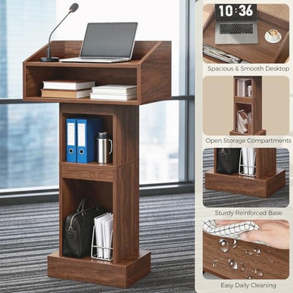 MAHANCRIS Podium Stand, Lectern with 4-Tier Storage, Pulpit with Reinforced Base for Church, Laptop Desk for Classroom, Office, Meeting Room, Easy Assembly, Walnut LPWA5801
