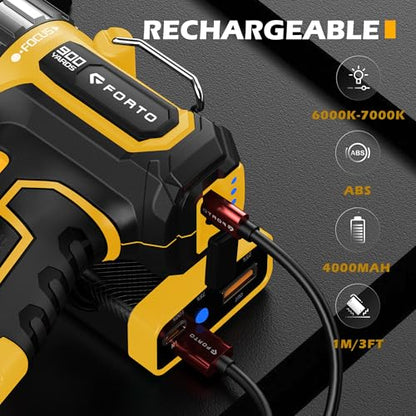 FORTO Rechargeable Spotlight 1400 Lumens – Zoomable Handheld LED Flashlight, 8H Battery, 2700ft Beam, Adjustable Focus & Stand for Camping Hunting Emergency – Great Gift - color: Yellow