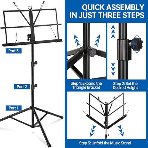 MOSEN Folding Music Stand 2-in-1 Dual-Use & Desktop Book Stand Lightweight Adjustable Metal Sheet Music Stand, Portable Desktop Stand with Carrying Bag, 1 Pack, Black - color: Matte Black