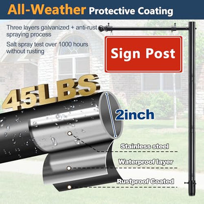 Heavy Duty Real Estate Sign Post Holder- 7 FT Adjustable Metal Yard Sign Stand with Adjustable 32" Arm &Spiral Ground Stakes, Rust-Proof Coating, Universal Sign Holder for Traffic, Construction, Events, Weatherproof & Long-Lasting - color: Black