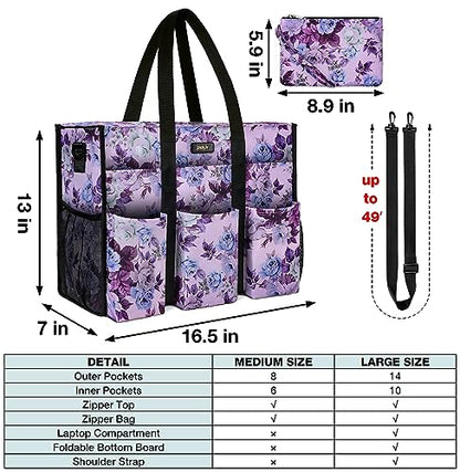 IBFUN Utility Tote Bag with 24 Pockets, Large Teacher Travel Tote for Women - color: B8-l-pruple Flower, size: Large