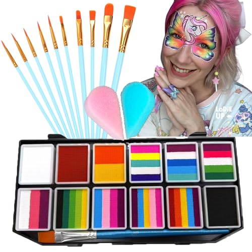 Face Painting Kit , 42 Colors Professional Face Paint Makeup Kit Non-Toxic Water Activated Facepaint Palette with Brush, Stencil, Sponge, Gem, for Party Halloween - color: 12 Split Cakes C