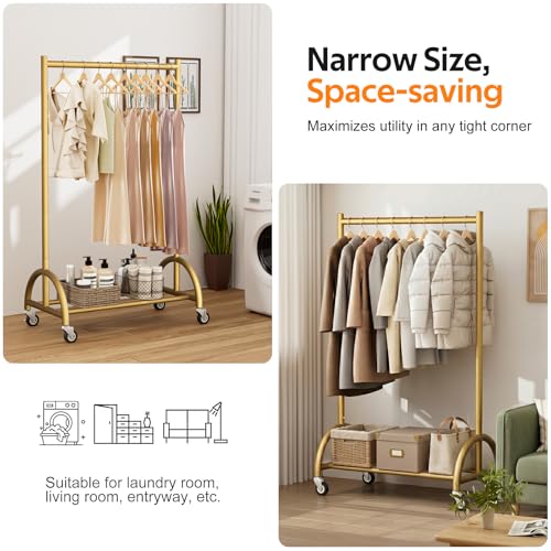 MISSLO Heavy Duty Clothing Rack with Wheels Rolling Clothes Racks for Hanging Clothes, Coats, Garment, Dress, Gold, 30" W - color: Gold, size: 30"W x 14.8"D x 66"H (Small)