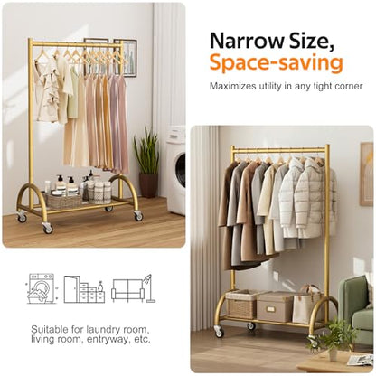 MISSLO Heavy Duty Clothing Rack with Wheels Rolling Clothes Racks for Hanging Clothes, Coats, Garment, Dress, Gold, 30" W - color: Gold, size: 30"W x 14.8"D x 66"H (Small)