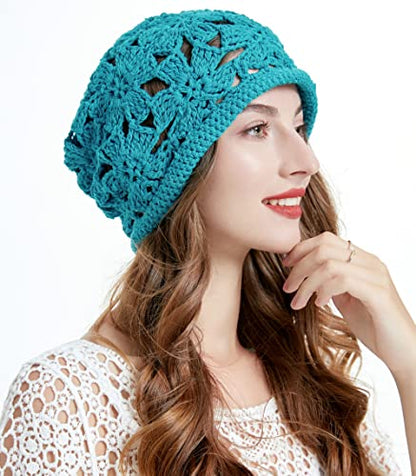 ZLYC Women Cotton Crochet Slouchy Beanie Hat Handmade Knit Summer Skull Cap | Lightweight breathable,boho casual chic look,travel photos festival party,café commute daily wear,beach concert gathering - color: Crochet Peacock Blue
