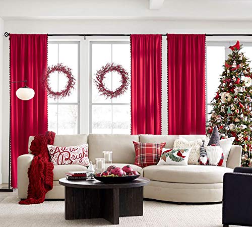 Red Pom Pom Velvet Curtains for Holiday Season 42"x84" Room Darkening Drape - color: Pom Pom- Red 2, size: 42"W x 84"L (Pack of 2)