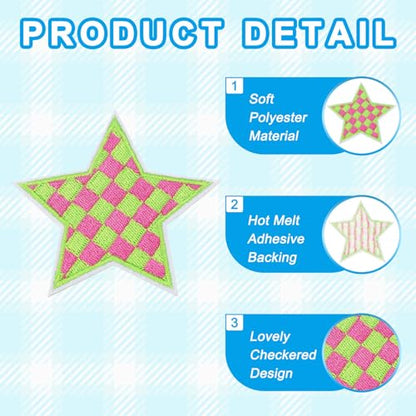 MECCANIXITY 18 Pcs Star Checkered Iron on Patches Embroidered Appliques Sew on Patches for Jacket Denim Collection Clothes Dress Hats Jeans DIY Accessory, Green/Rose Pink - color: Green/Rose Pink
